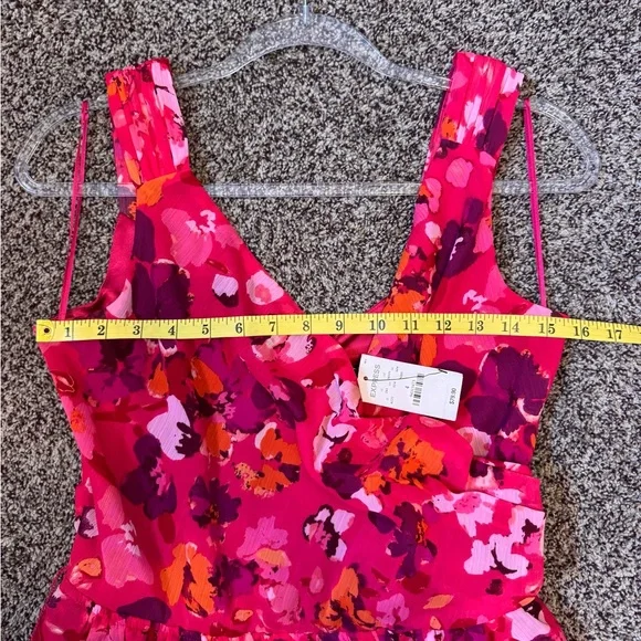 Express Floral Chiffon Fit Flare Pink Red Sleeveless Dress VNeck  Zipper Size 4 - Picture 9 of 11